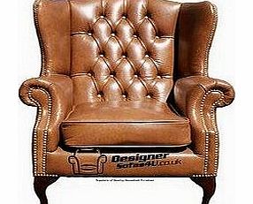 Chesterfield Mallory High Back Wing Chair UK Manufactured Old English Tan Leather Brass Studs