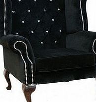 Designer Sofas4u Chesterfield Swarovski Queen Anne High Back Wing Chair Black Velvet