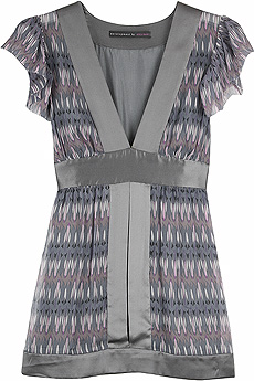 Multicolored printed silk chiffon blouse with a gray satin trim.
