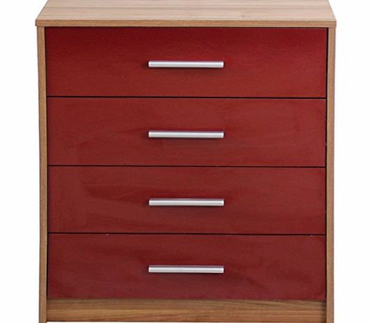 Devoted2Home Glossop Bedroom Furniture - 4 Drawer Chest of Drawers - Walnut/Red Gloss