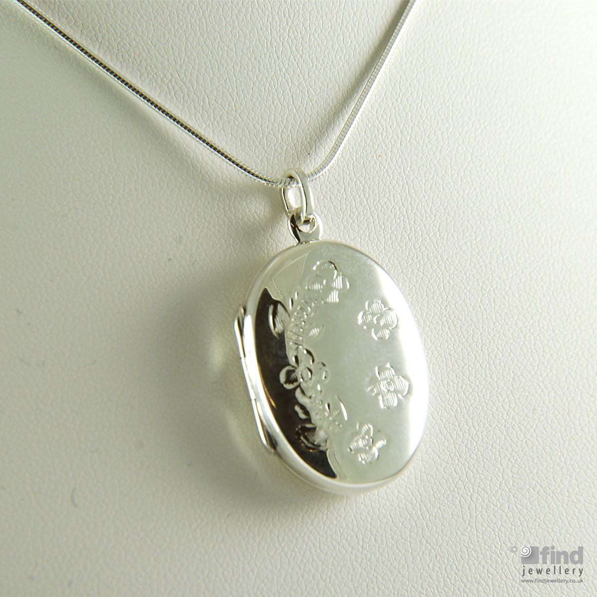 Sterling Silver Oval Flowers Locket and Chain