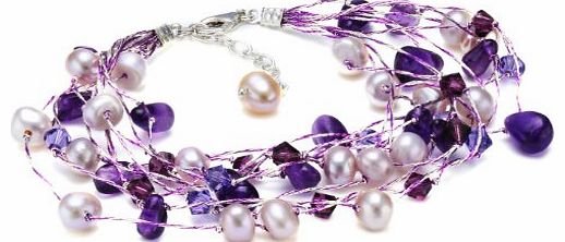 Dew Womens Multi-Stranded Amethyst, Swarovski Crystal and Freshwater Pearl Bracelet, 70GEAM 8``