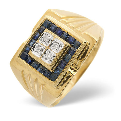 Diamond Essentials 0.06 Ct Gents Diamond and Sapphire Ring In 9 Ct Yellow Gold