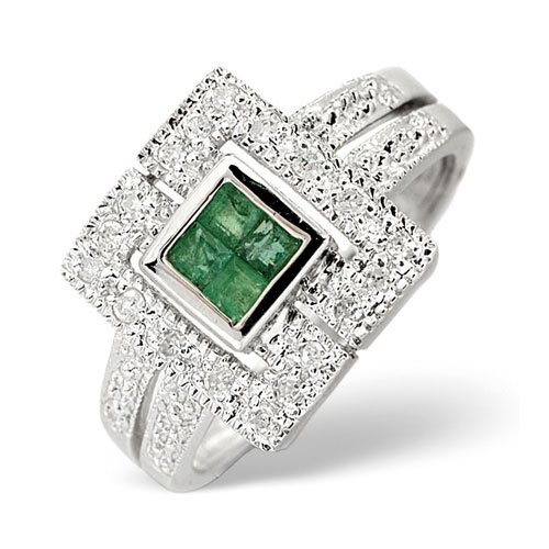 Diamond Essentials 0.11 Ct Diamond and Emerald Ring In 9 Carat White Gold