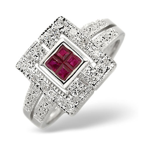 Diamond Essentials 0.11 Ct Diamond and Ruby Ring In 9 Carat White Gold