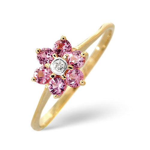0.43 Ct Pink Sapphire and 0.01 Ct Diamond Flower Ring In 9 Carat Yellow Gold