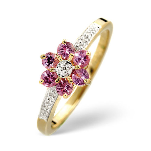 0.48 Ct Pink Sapphire and 0.01 Ct Diamond Flower Ring In 9 Carat Yellow Gold
