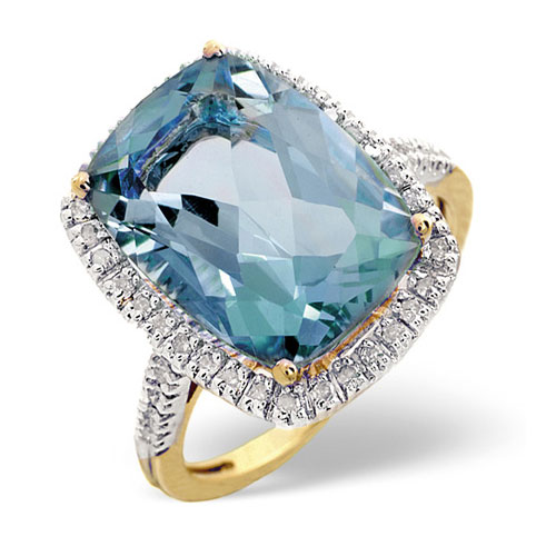6.83 Ct Blue Topaz and 0.22 Ct Diamond Ring In 9 Carat Yellow Gold