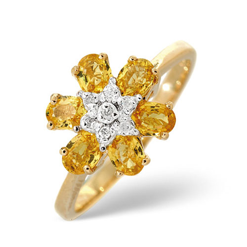 Yellow Sapphire and 0.04 Ct Diamond Flower Ring In 9 Carat Yellow Gold