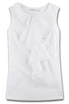 White sleeveless stretch cotton blouse with ruffle-front.