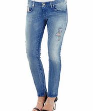 Blue distressed cotton blend jeans