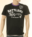 Mens Black with Purple Collar & Light Grey Print Cotton T-Shirt