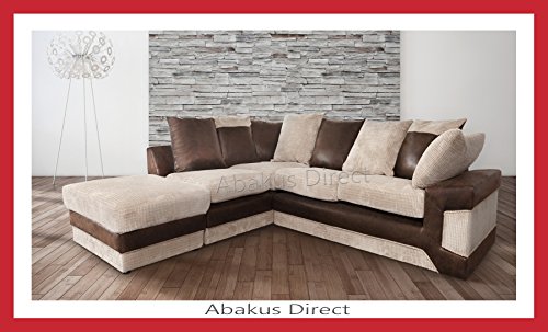 Corner Sofa In Brown & Beige Fabric With a Large Footstool (Brown Left)