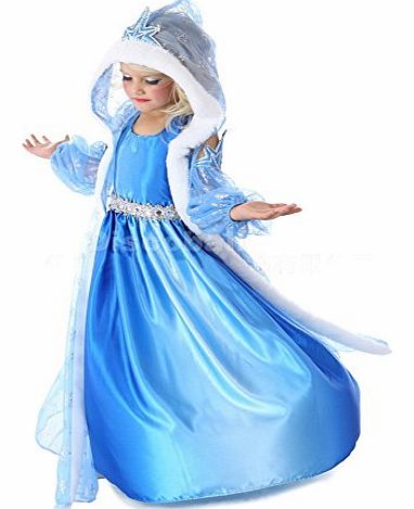 New Princess Girls Blue Costume Cosplay Fancy Party Girls Dress with Fur Trim Cape and Gloves (3-4years)