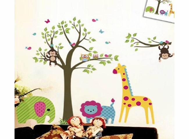 Discountfan Large Colorful Tree & Jungle Animals Wall Sticker Nursery Bedroom Wall Art Decor Cute Giraffe Mo