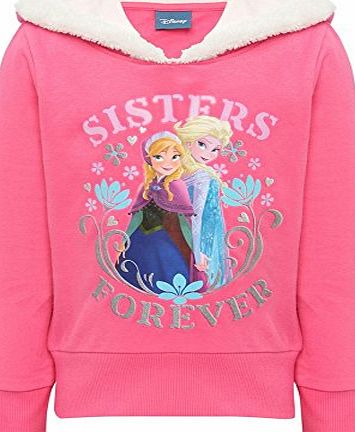 Disney Frozen Elsa And Anna Character Sisters Forever Print Long Sleeve Fluffy Hooded Jumper Pink 5/6 Yr