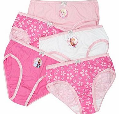 Girls Disney Frozen Anna And Elsa Character Plain And Floral Print Cotton Briefs - 5 Pack Pink 3/4 Yr