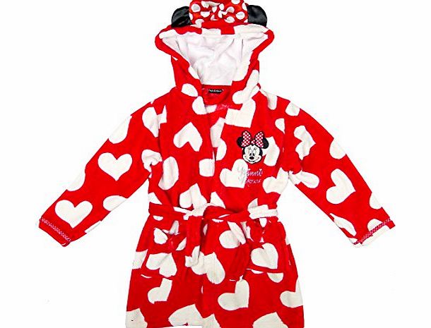 Disney Girls Minnie Mouse Hearts Hoody Dressing Gown with Ears Red BathRobe sizes from 2 to 7 Years