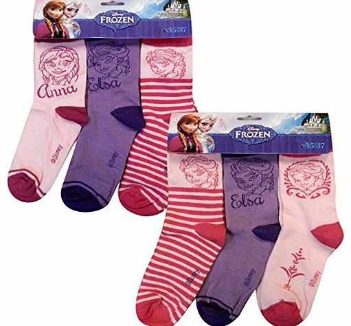 Disney Official Licensed Disney Frozen Elsa Print Girls Cotton Socks Multicolour Purple (Pack Of 3) Size EU 35 - EU 37