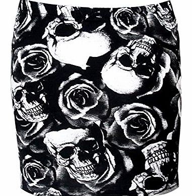 Distributed By WHOOSH Clothing. Mini Skirt with Skull and Roses Print