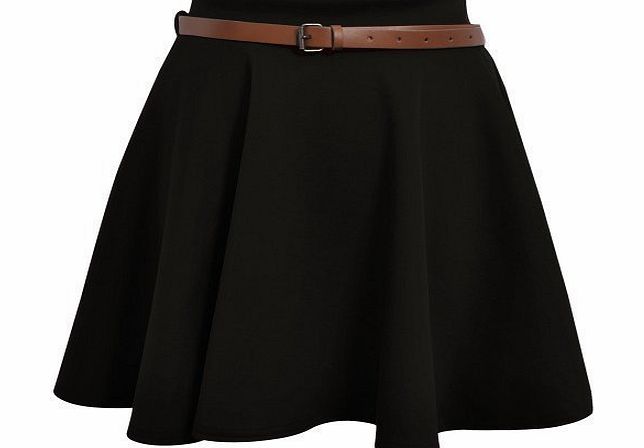 Ladies Skater Skirt Womens Belted Flared Plain Mini Skirt Sizes UK Black M/L
