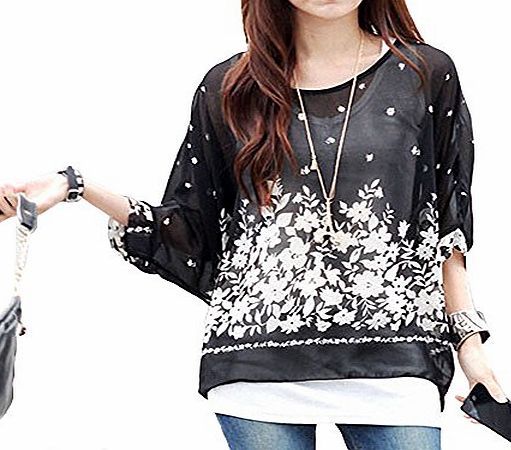 DJT Bohemian Hippie Big Size Batwing Sleeve Chiffon Blouse Loose Off Shoulder Shirt Black White fits Size 14 16 18