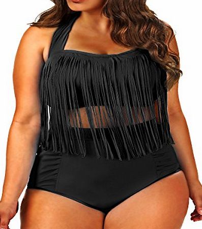 DJT Plus Size Swimwear Padded Fringe Tassels Swim suits for Women Ladies Bikini Set Black Size XXL