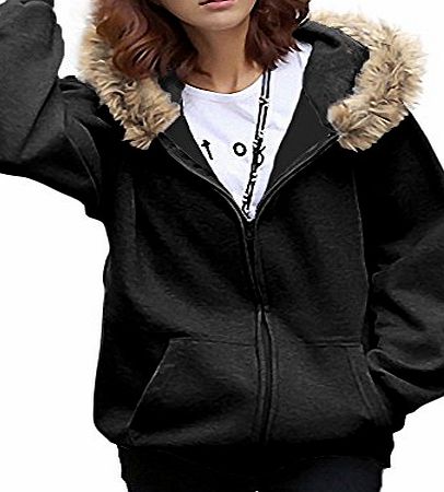 Women Batwing Fur Hoody Warm Winter Coat Zip Hood Hoodie Cardigan Parka Overcoat Jacket Grey Size M