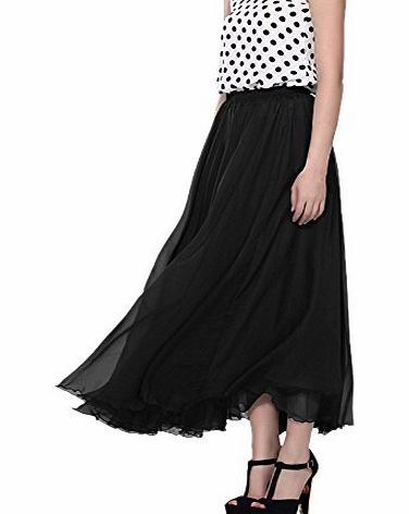 DJT Women Girl Trendy Summer A Lined Premium Chiffon Plain Long Skirt Casual Maxi Dress Black Size M