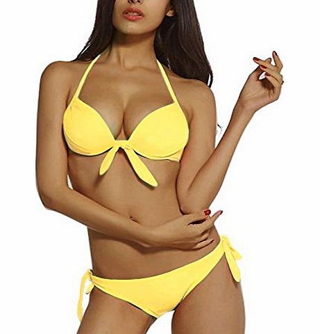 DJT Women Sexy Bow Ruched Designer Halter Padded Push Up Plain Top Buttom Swimwear Swimsuit Beachwear Bikini Set Yellow Size XS 6
