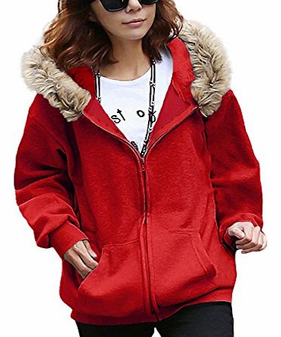 DJT Women Warm Zipper Batwing Long Sleeve Hooded Casual Winter Coat Jacket Tops Fleece Hoodie Outerwear Red Size L