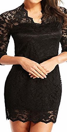 DJT Womens Fashion Embroidered Lace Dress Summer Mid Sleeve Slim Tunic Bodycon Sundress Evening Party Cocktail Lace Mini Wrap Dresses Black Size XL 14