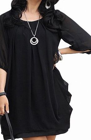 DJT Womens Ladies Summer Chiffon Dress Black Loose/Tunic Top Blouse Tee T-Shirts Mini Dresses Size L
