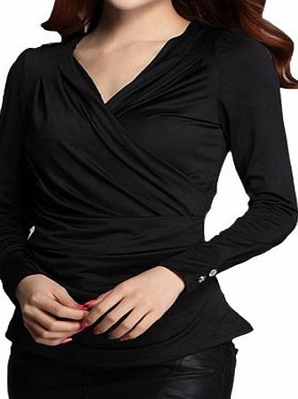 DJT Womens Sexy V Neck Crossover Faux Wrap Top Pleated Stretchy Long Sleeve Slim Fit Workwear Formal Tunics Tops Blouse Tee T Shirts Black Size L
