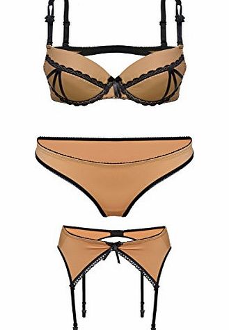 Nightwear Push Up Bra Thong Panty Suspender Garter Belt 11 Beige (75A, XS)