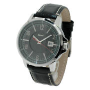 MENS BLACK LEATHER ROUND FACE WATCH