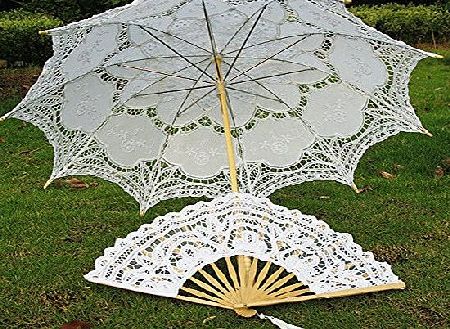 DMSTUDIO Romantic Wedding White Battenburg Lace Umbrella Sun Parasol amp; Fan Set Bridal Party Shower Decoration Photography Props