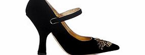 Black velvet and gold embroidery heels
