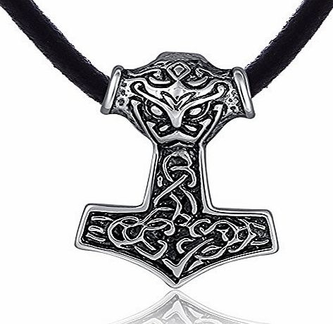 DonDon Mens Necklace Leather 50 cm 19,7`` with Thor Hammer Pendant Stainless Steel in a Black Velvet Gift Bag
