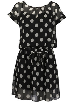 Black spot drop waist dress
