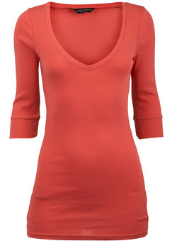 Dorothy Perkins Coral 3/4 sleeve ribbed v-neck