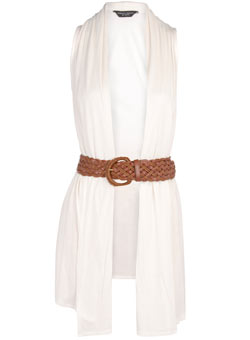 Cream sleeveless belted cardigan