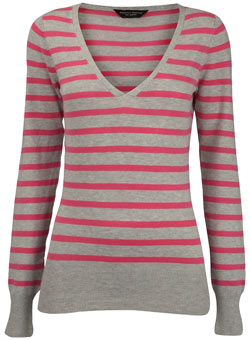 Grey/pink stripe v-neck jumper
