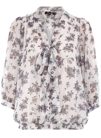 Grey tie neck floral blouse DP65000380