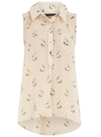 Dorothy Perkins Ivory cat print dip hem blouse DP05284382