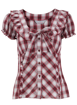 Petite red check bow shirt
