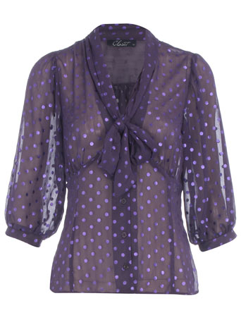 Purple spot pussybow blouse
