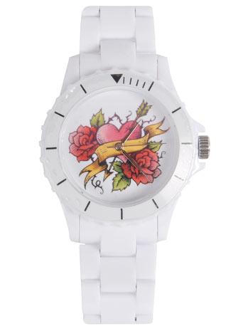 White tattoo print dial watch