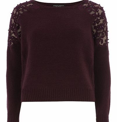 Womens Berry red beaded shoulder knited jumper-