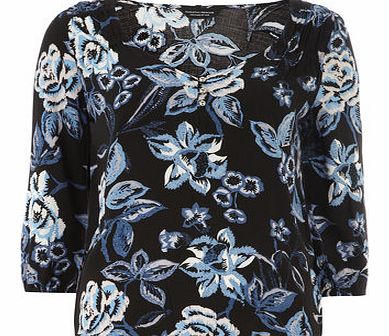 Dorothy Perkins Womens Black 3/4 Sleeve Floral Top- Blue